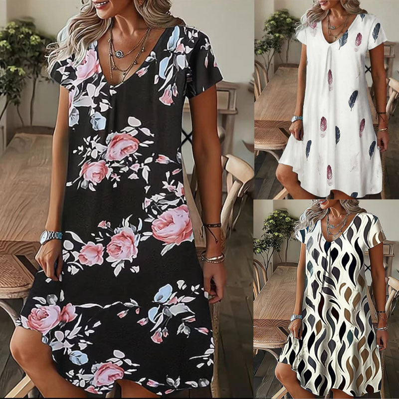 Summer Plus Size Women's V Neck Loose Printed Short Sleeve Dress - Casual Pullover Fashion