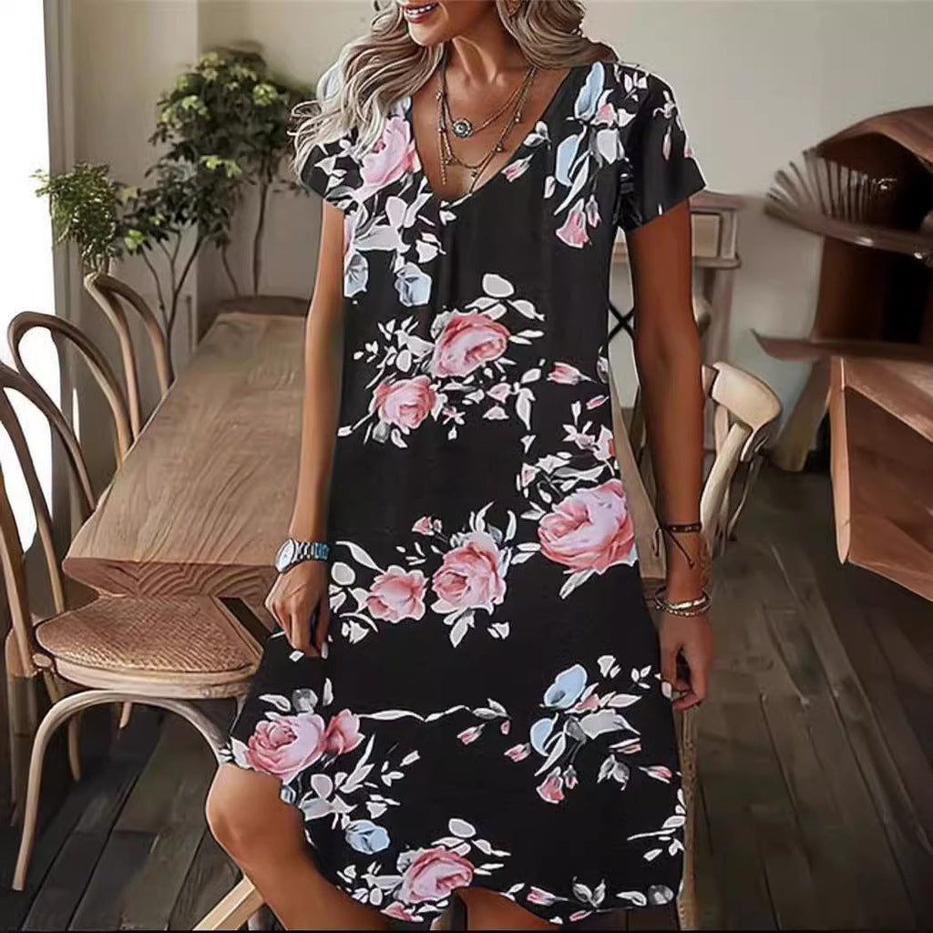 Summer Plus Size Women's V Neck Loose Printed Short Sleeve Dress - Casual Pullover Fashion