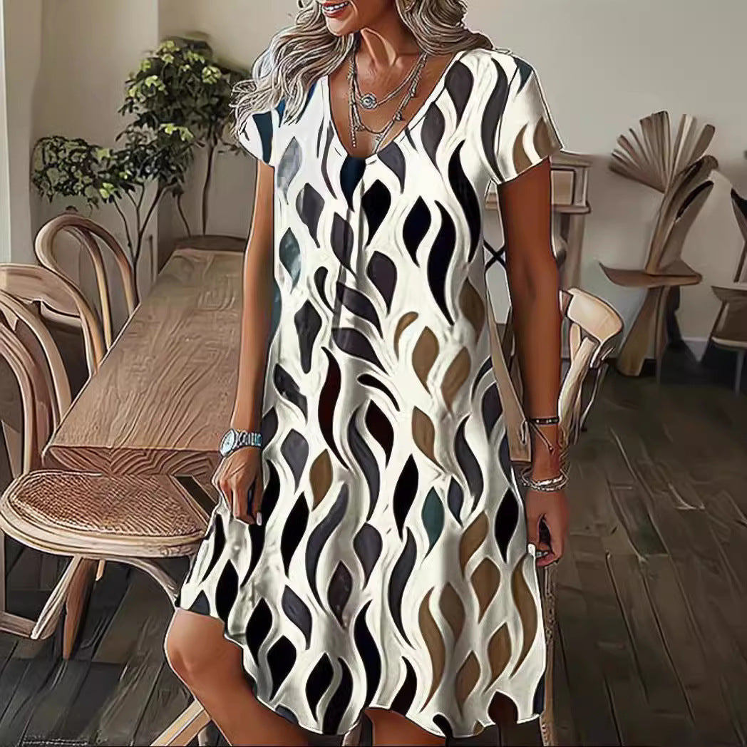 Summer Plus Size Women's V Neck Loose Printed Short Sleeve Dress - Casual Pullover Fashion